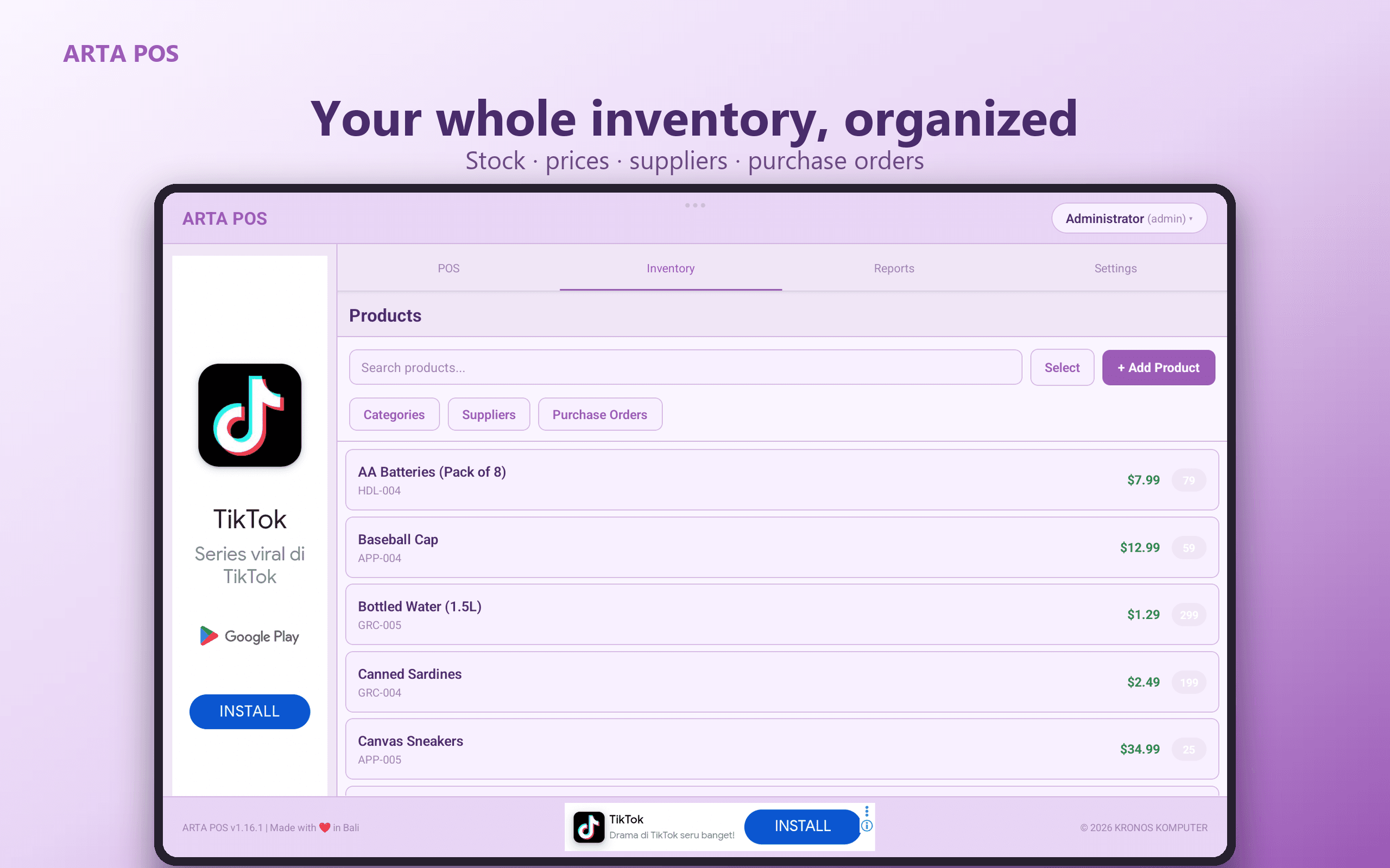 Inventaris — produk, kategori, dan stok