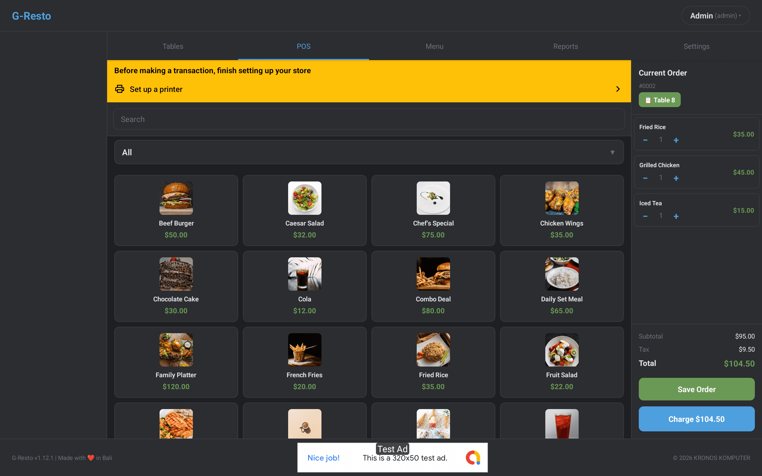 Layar pesanan — susun tagihan item demi item